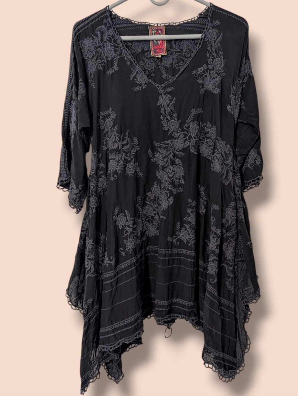 Johnny Was Black Floral Embroidered Sheer Half Sleeve Relaxed Leaf Garden Tunic